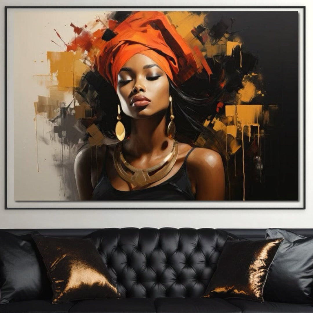 Tablou Canvas Premium LuxCanva® G1007, Gratia Unei Zeite , Turban, Rosu, Accesorii, Auriu, Africa, Bijuterii, Femeie, Living, Dormitor, Culori vibrante
