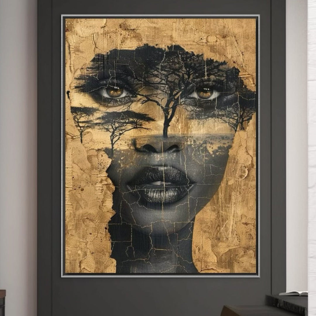 Tablou Canvas Premium LuxCanva® G1008, Chipul Africii , Natura, Copaci, Pamant, Privire, Simbolism, Femeie, Living, Dormitor, Culori vibrante