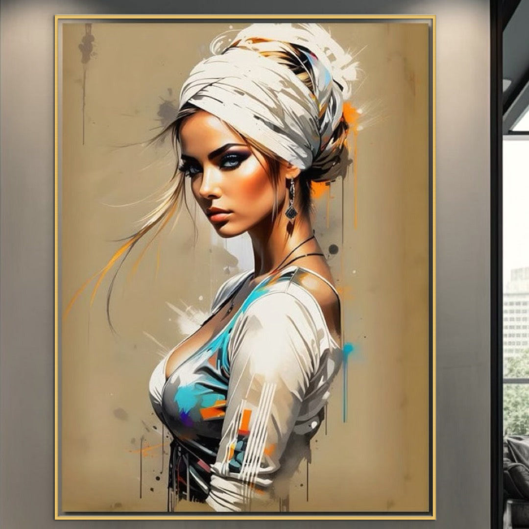 Tablou Canvas Premium LuxCanva® G1011, Regina Desertului , Libertate, Atemporal, Privire, Nisip, Turban, Alb, Living, Dormitor, Culori vibrante