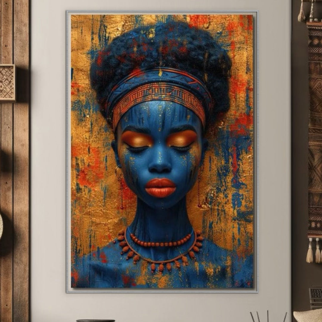 Tablou Canvas Premium LuxCanva® G1013, Frumusete Etnica , Albastru, Aur, Azur, Tribal, Feminism, Printesa, Living, Dormitor, Culori vibrante