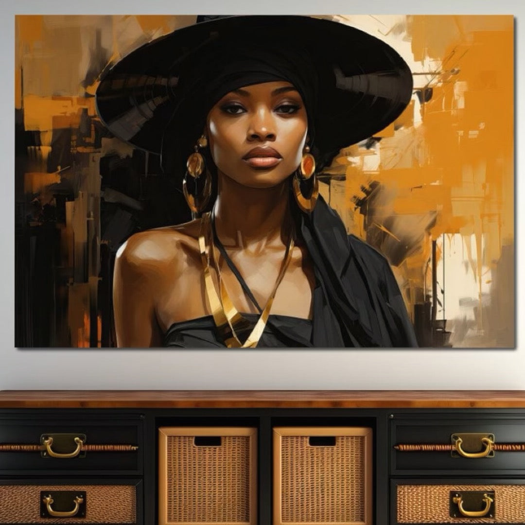 Tablou Canvas Premium LuxCanva® G1019, Femeia In Negru ,  Enigma, Palarie, Glamour, Dramatism, Boem, Rafinament, Cercei, Living, Dormitor, Culori vibrante