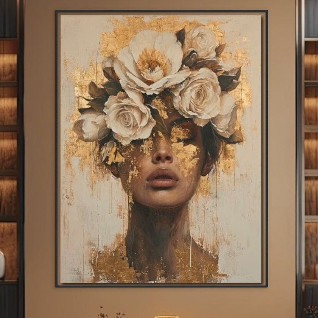 Tablou Canvas Premium LuxCanva® G1020, Metamorfoza Feminitatii , Visare, Flori, Misterioasa, Gold, Suflet, Ganduri, Portret, Living, Dormitor, Culori vibrante