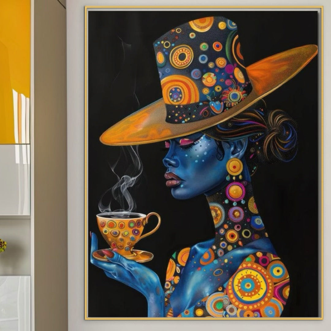 Tablou Canvas Premium LuxCanva® G1022, Eleganta Interstelara , Cosmic, Feminitate, Hipnotic, Ceasca, Cafea, Ceai, Palarie, Living, Dormitor