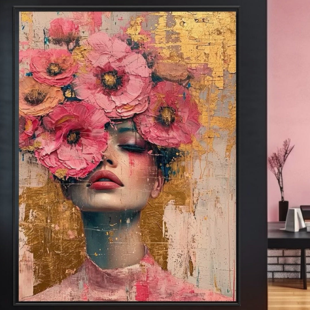 Tablou Canvas Premium LuxCanva® G1023, Gratie Inflorita , Delicatete, Flori, Petale, Aur, Portret, Pastel, Roz, Living, Dormitor, Culori vibrante