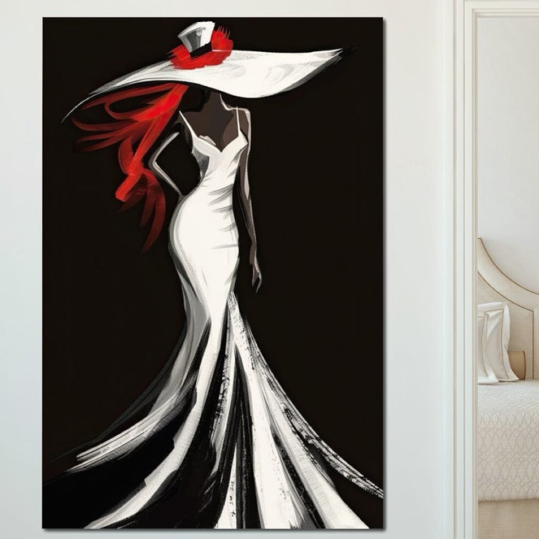 Tablou Canvas Premium LuxCanva® G1031, O Diva in Rochie Alba , Silueta, Palarie, Rochie, Sirena, Podium, Moda, Stil, Living, Dormitor, Culori vibrante