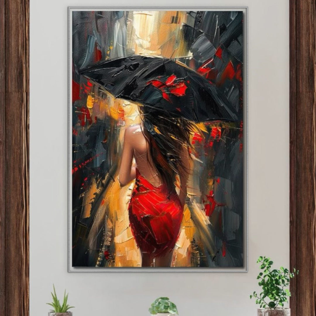 Tablou Canvas Premium LuxCanva® G1034, Pasi prin Furtuna ,  Ploaie, Oras, Feminitate, Pasiune, Modernitate, Par, Lung, Living, Dormitor, Culori vibrante