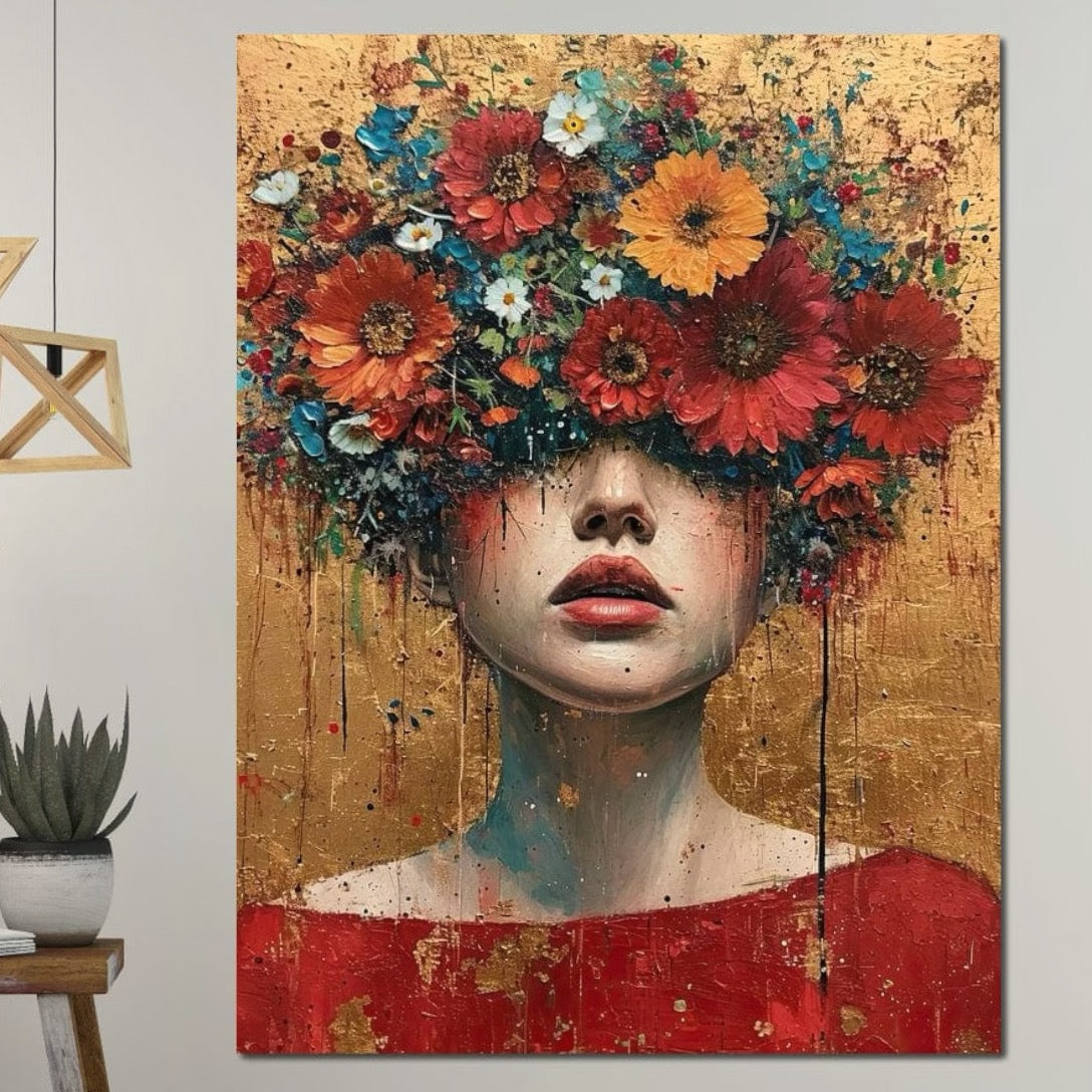 Tablou Canvas Premium LuxCanva® G1043, Frumusete Renascuta , Regina, Flori, Petale, Primavara, Coroana, Realism, Portret, Living, Dormitor