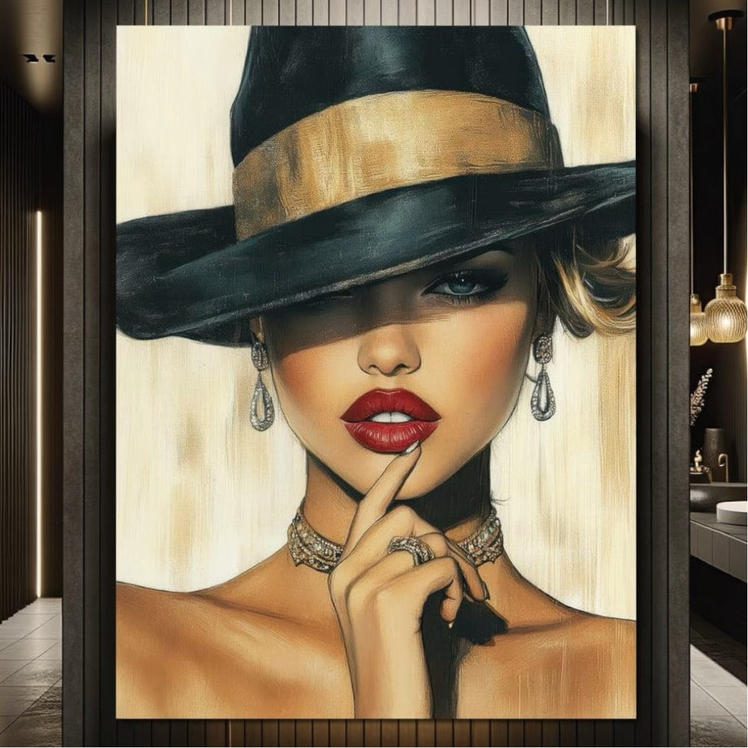 Tablou canvas cu tablou canvas cu portret feminin si palarie neagra