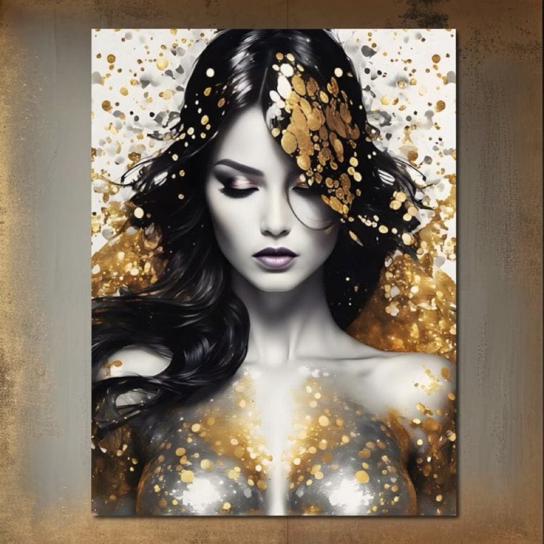 Tablou Canvas Premium LuxCanva® G1062, Un Chip de Inger , Aur, Timiditate, Luxury, Rafinament, Picaturi, Vernisaj, Glamour, Living, Dormitor