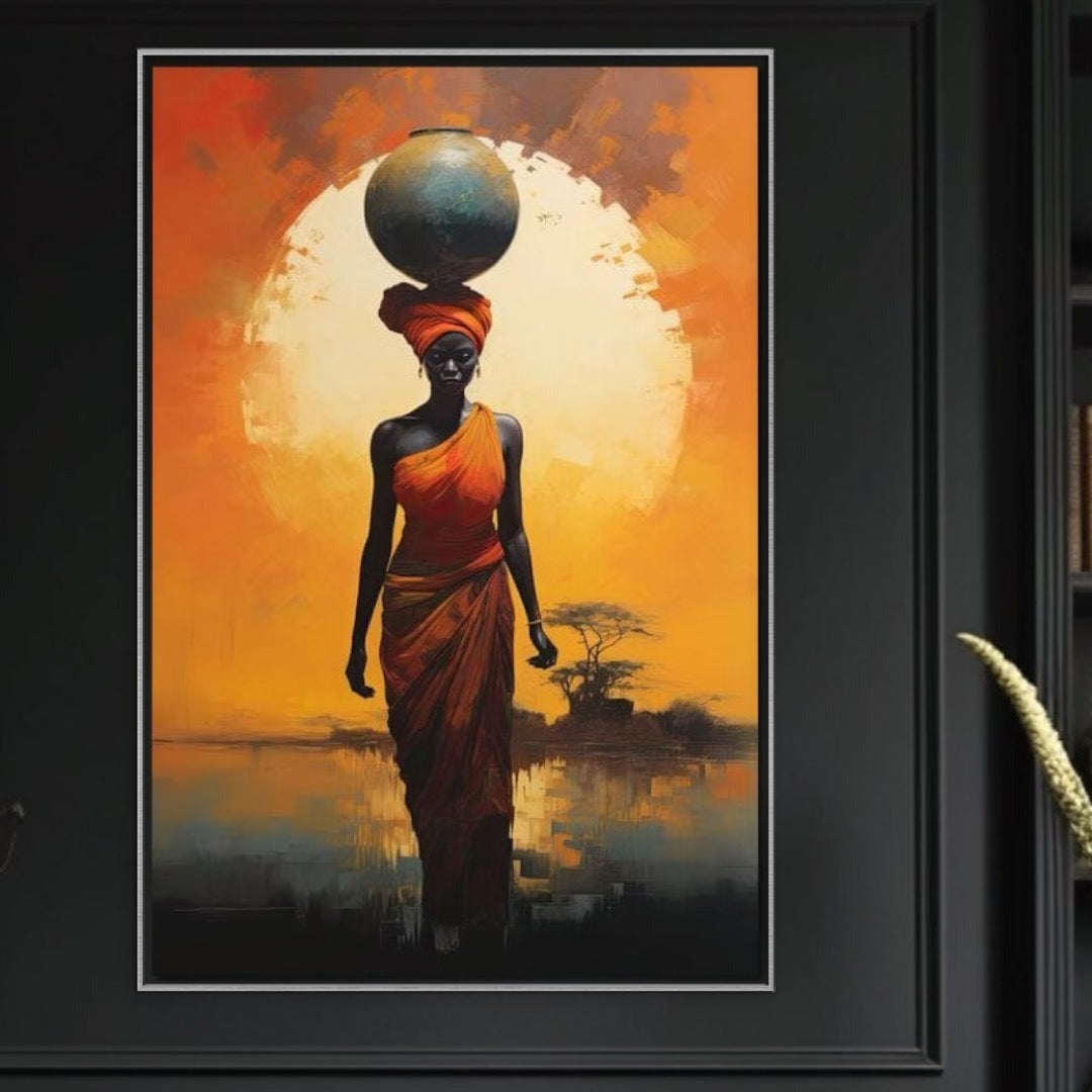 Tablou Canvas Premium LuxCanva® G1064, Sub Soarele Africii , Gratie, Forta, Drum, Apus, Silueta, Putere, Femeie, Portocaliu, Living, Dormitor