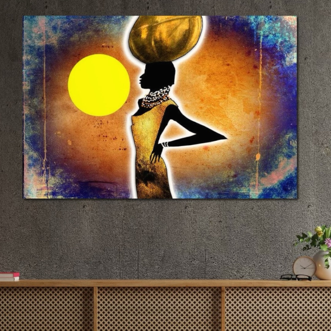 Tablou Canvas Premium LuxCanva® GL1071, Femeia Solara , Soare, Galben, Bijuterii, Apus, Aur, Silueta, Gratie, Trib, Colier, Traditie, Living, Dormitor