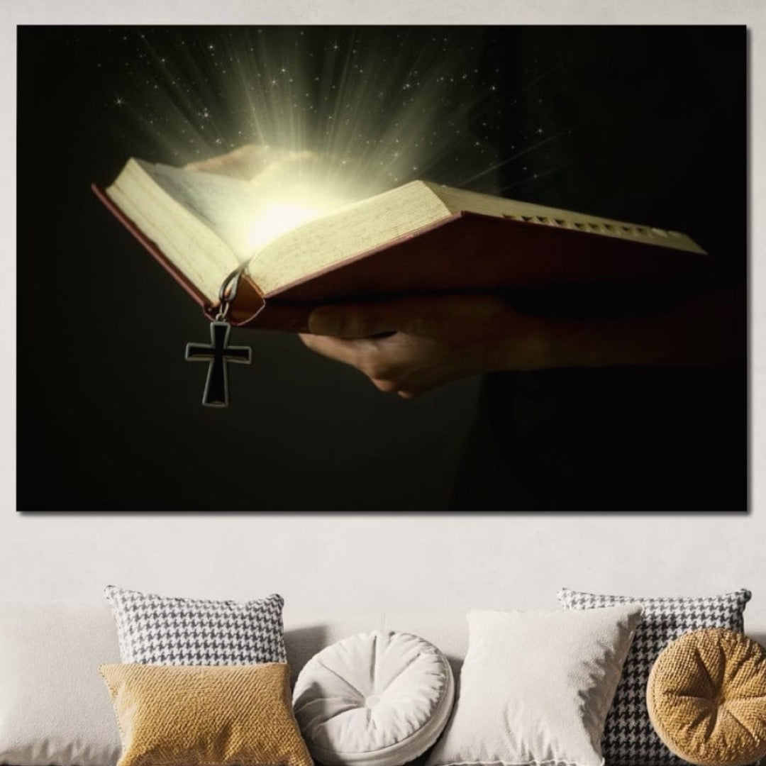 Tablou Canvas Premium LuxCanva® H1009, Biblia si Lumina Sfanta , Biblie, Lumina, Cruce, Adevar, Sacru, Salvare, Suflet, Divin, Living, Dormitor