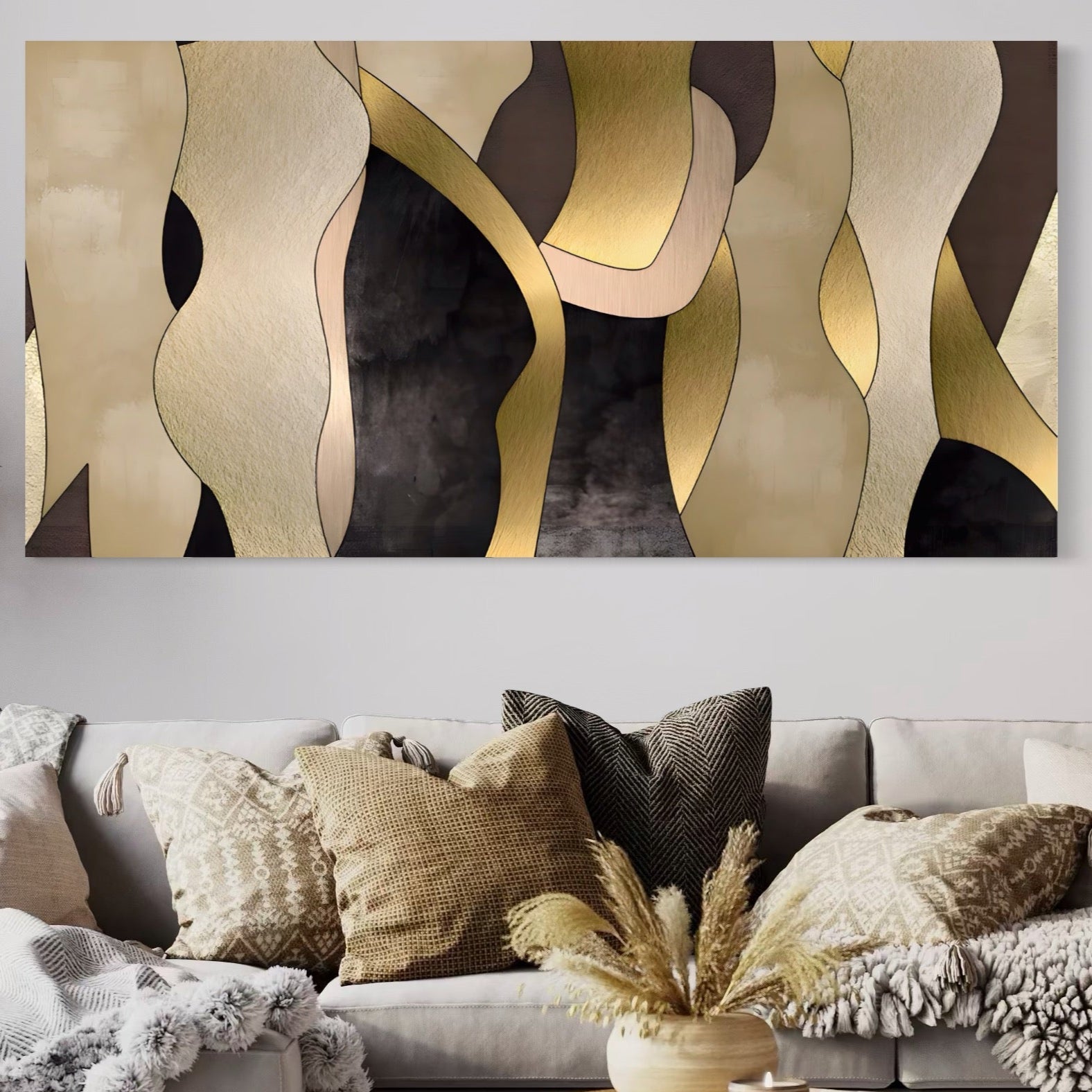 Tablou Canvas Premium LuxCanva® A1378, Siluete , Dormitor, Abstract, Auriu, Decorativ, Living, Culori Vibrante