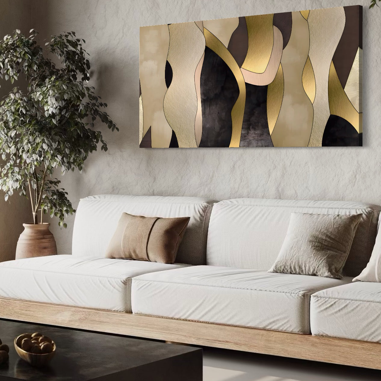 Tablou Canvas Premium LuxCanva® A1378, Siluete , Dormitor, Abstract, Auriu, Decorativ, Living, Culori Vibrante