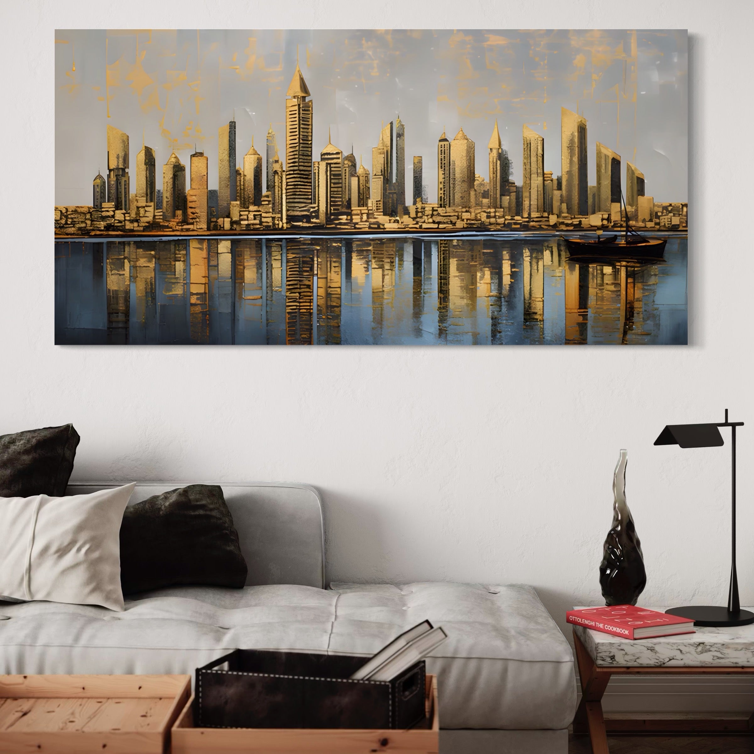 Tablou Canvas Premium LuxCanva® A1383, Oras In Oglinda , Living, Cladiri, Reflexie, Dormitor, Culori Vibrante