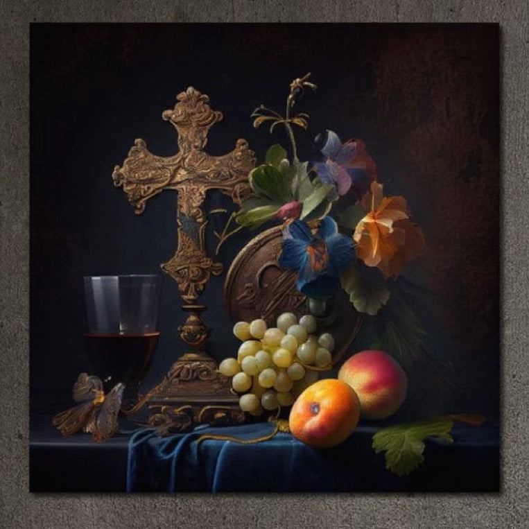 Tablou Canvas Premium LuxCanva® H1030 Natura Statica Sacra , Simboluri, Cruce, Rod, Pamant, Fructe, Vin, Sacru, Lumina, Umbra, Living, Dormitor