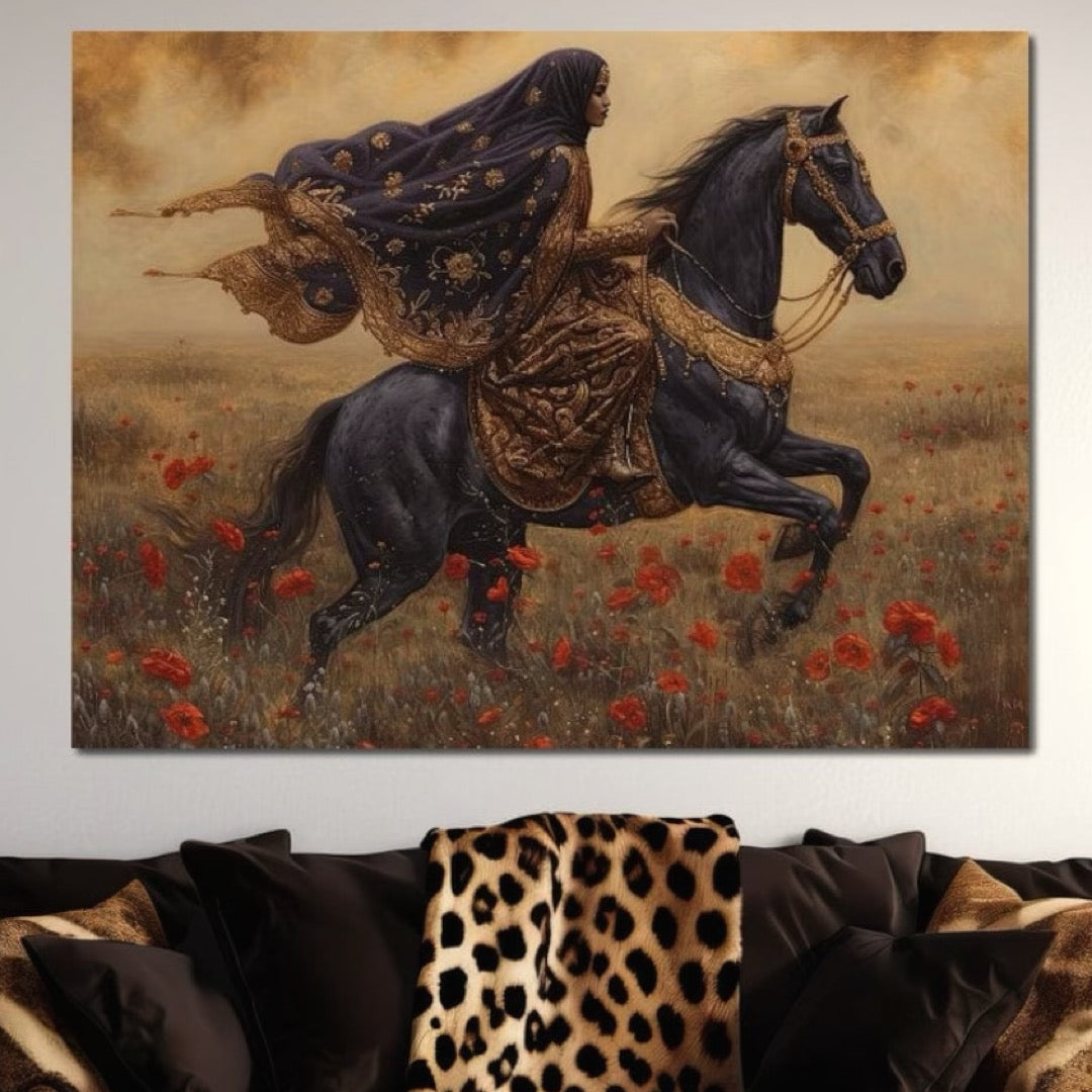 Tablou Canvas Premium, LuxCanva® G1095, Galop Printre Maci, Epic, Libertate, Armasar, Maci, Oriental, Printesa, Calatorie, Vant, Living, Dormitor