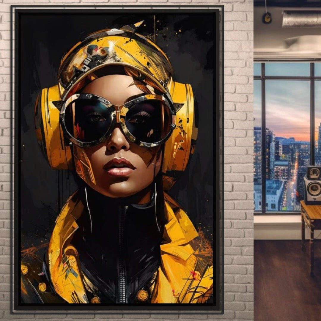 Tablou Canvas Premium, LuxCanva® G1098, Fata Viitorului, Privire, Cyber, Galben, Ochelari, Casti, Urban, Galactic, Avangardist, Living, Dormitor