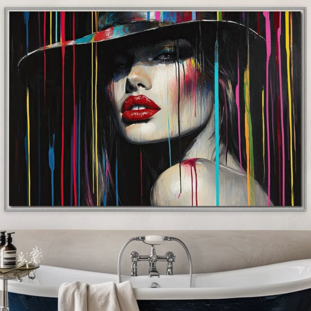 Tablou Canvas Premium, LuxCanva® G1099, Drama Culorilor, Glam, Neon, Buze, Rosii, Excentric, Gratii, Palarie, Portret, Feminism, Living, Dormitor