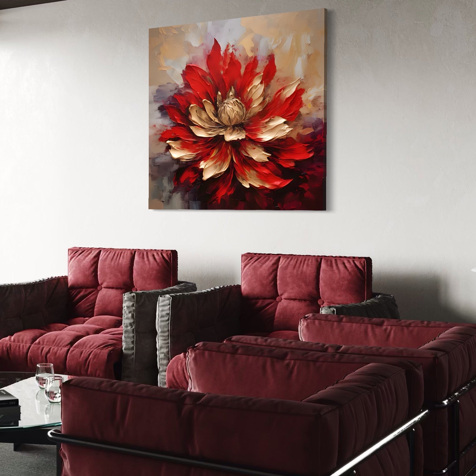 Tablou Canvas Premium LuxCanva® A1406, Floare Rosie , Room, Planta, Auriu, Decorativ, Dormitor, Culori Vibrante