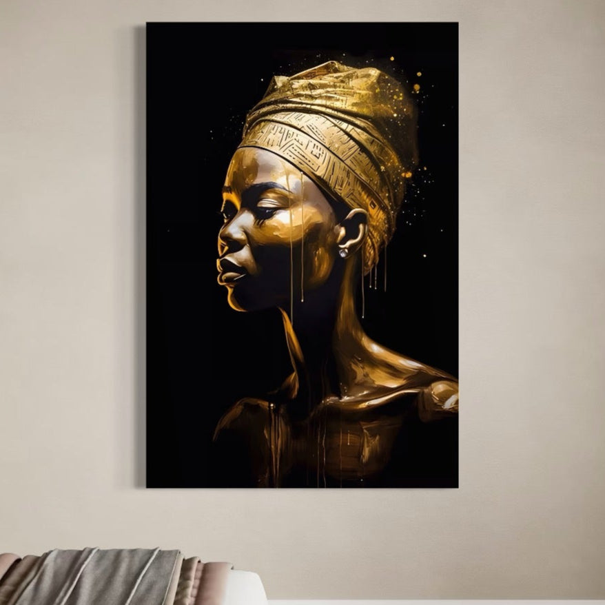Tablou Canvas Premium LuxCanva® A1409, Golden African ,  Room, Femeie, Auriu, Decorativ, Studio, Culori Vibrante
