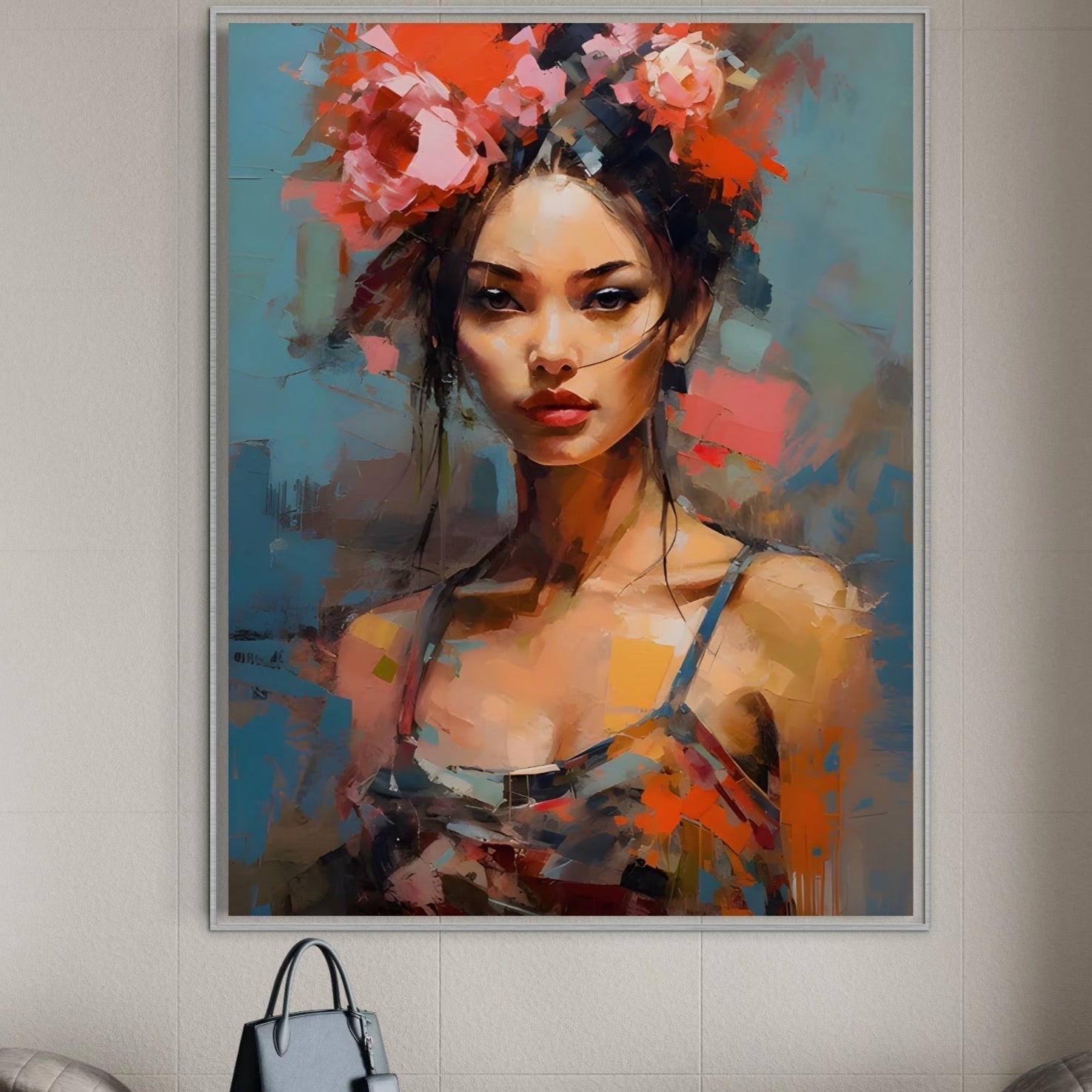 Tablou Canvas Premium LuxCanva® A1410, Fata Cu Flori In Par , Room, Femeie, Frumusete, Senzualitate, Decorativ, Studio, Culori Vibrante