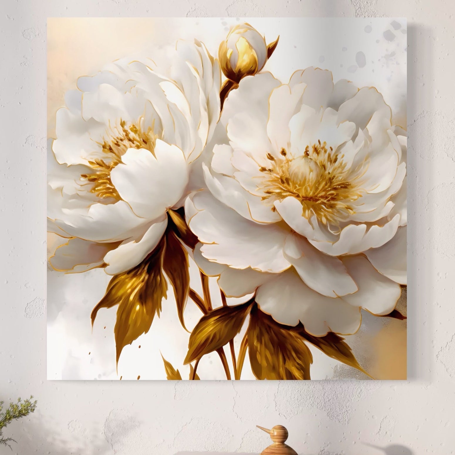 Tablou Canvas Premium LuxCanva® A1413, Flori Albe ,  Room, Primavara, Auriu, Bujor, Decorativ, Living, Culori Vibrante