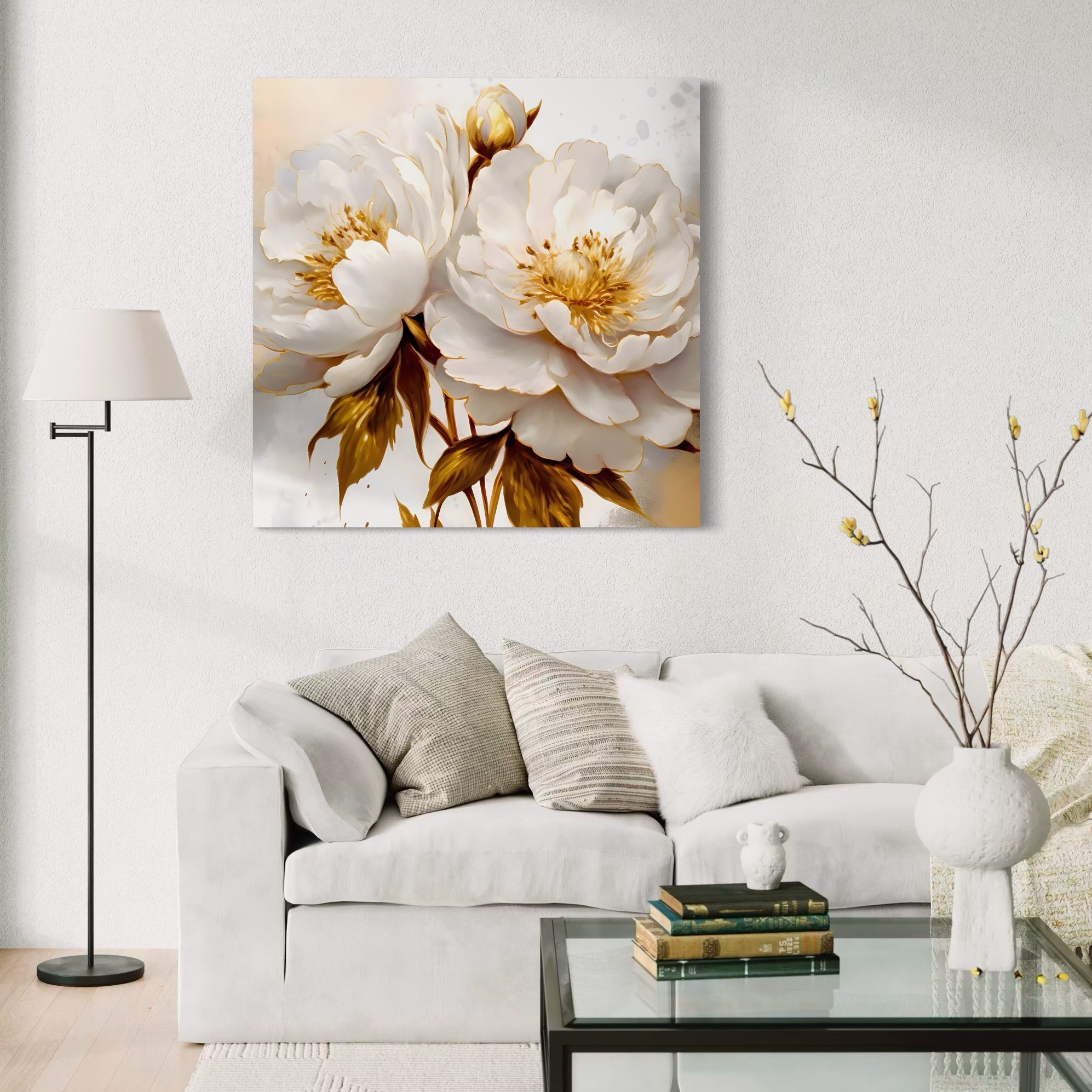 Tablou Canvas Premium LuxCanva® A1413, Flori Albe ,  Room, Primavara, Auriu, Bujor, Decorativ, Living, Culori Vibrante