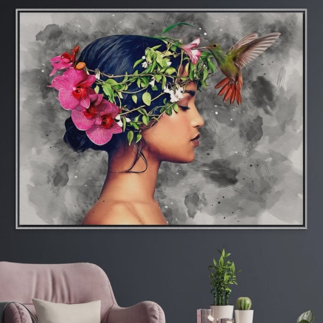 Tablou Canvas Premium, LuxCanva® G1107, Fata si Pasarea Colibri, Natura, Pasare, Flori, Aripi, Poetic, Frumusete, Feminitate, Zbor, Living, Dormitor