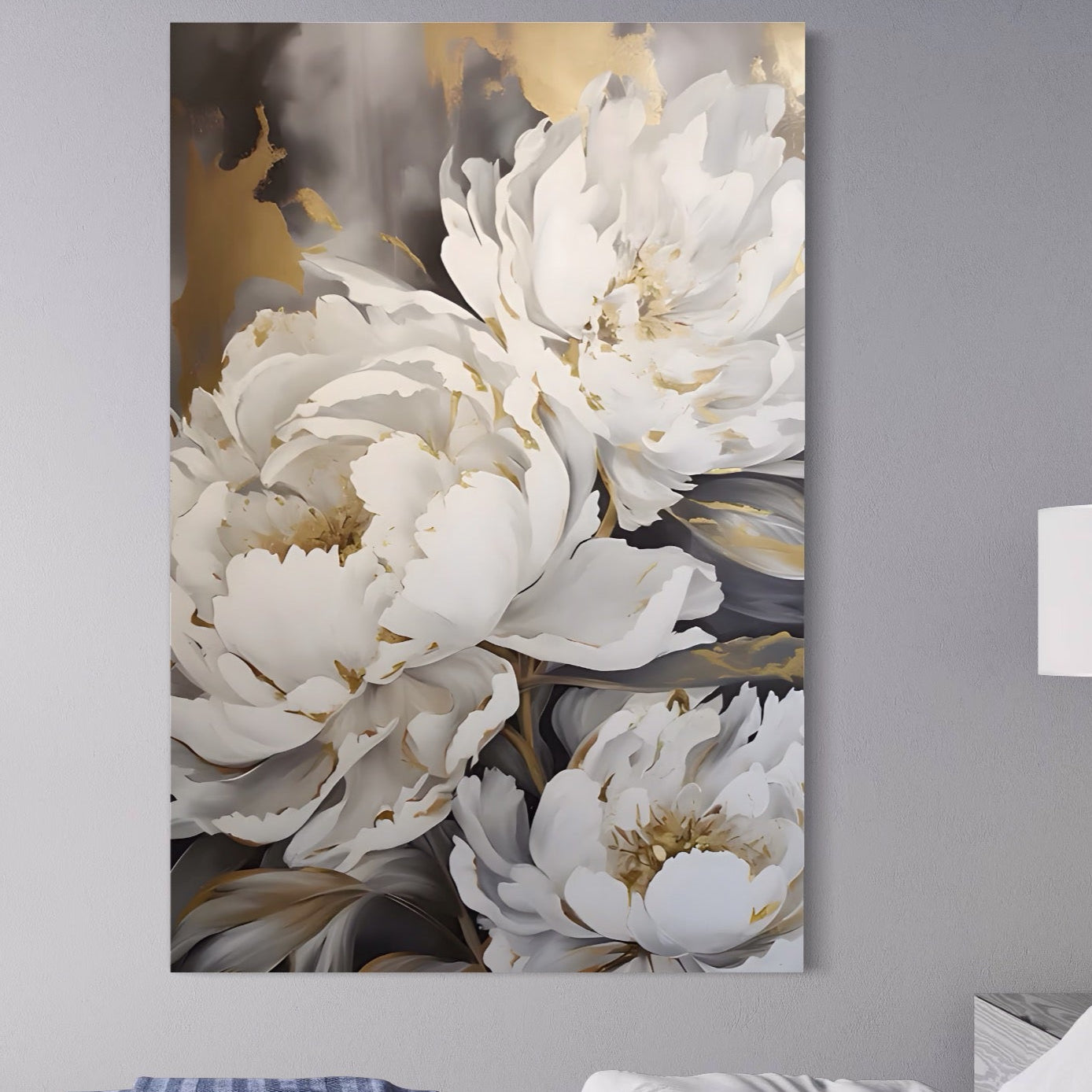 Tablou Canvas Premium LuxCanva® A1417, White Flowers , Living Room, Natura, Flori, Gold, Decorativ, Culori Vibrante