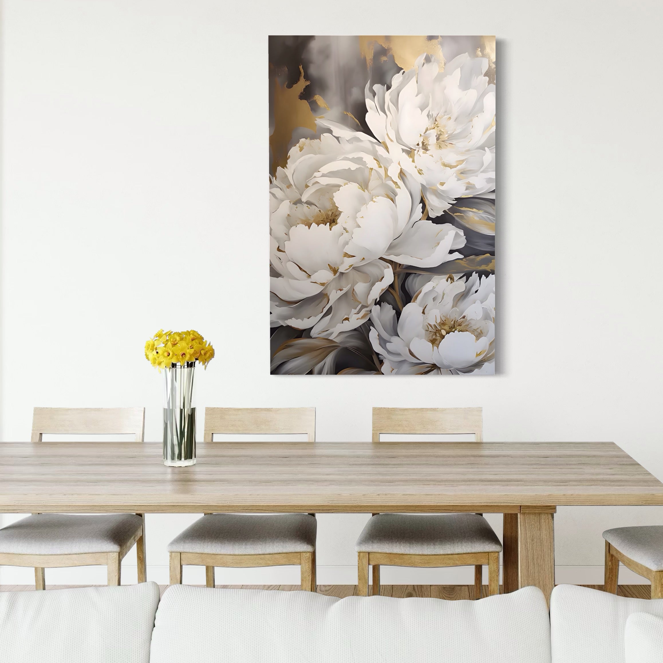 Tablou Canvas Premium LuxCanva® A1417, White Flowers , Living Room, Natura, Flori, Gold, Decorativ, Culori Vibrante