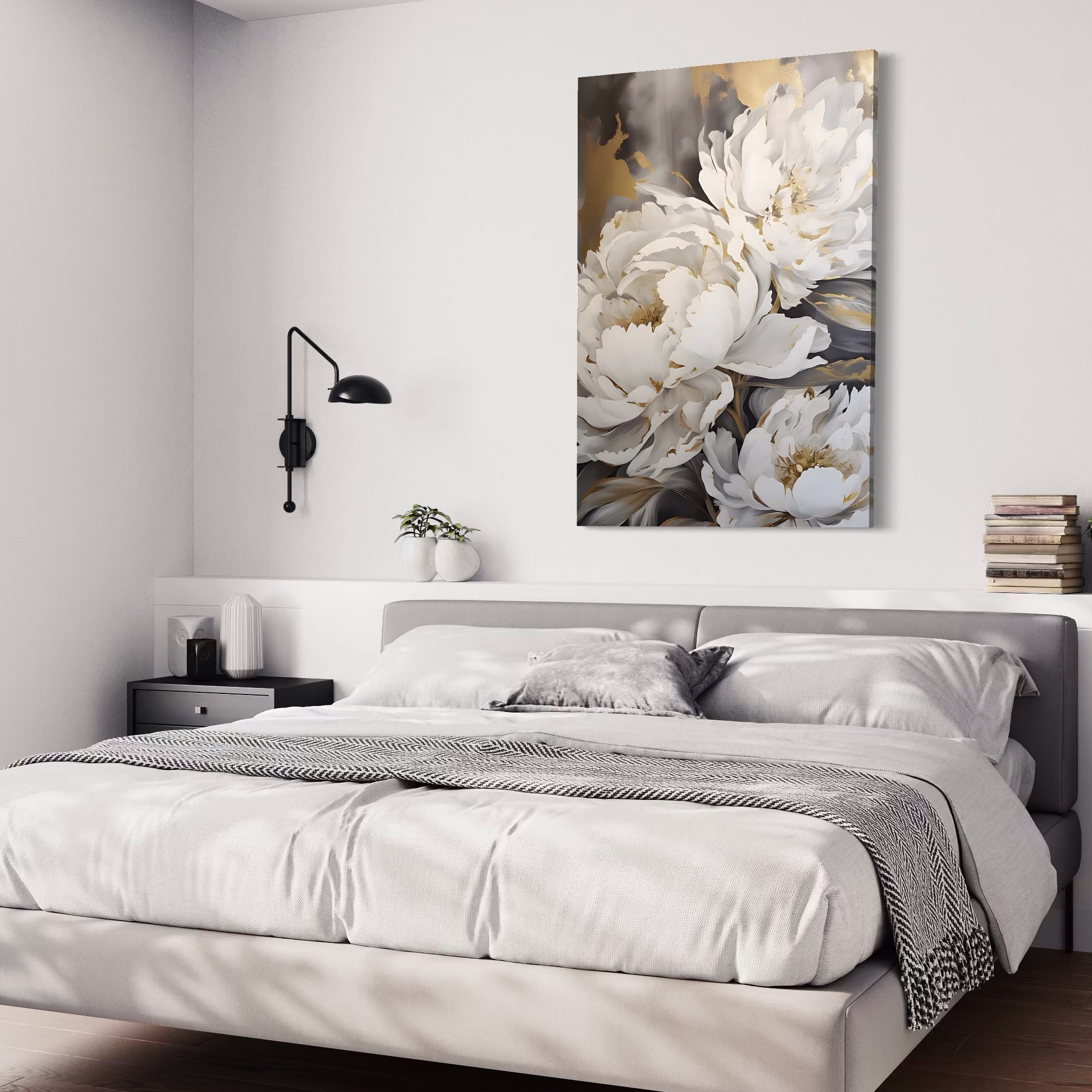 Tablou Canvas Premium LuxCanva® A1417, White Flowers , Living Room, Natura, Flori, Gold, Decorativ, Culori Vibrante