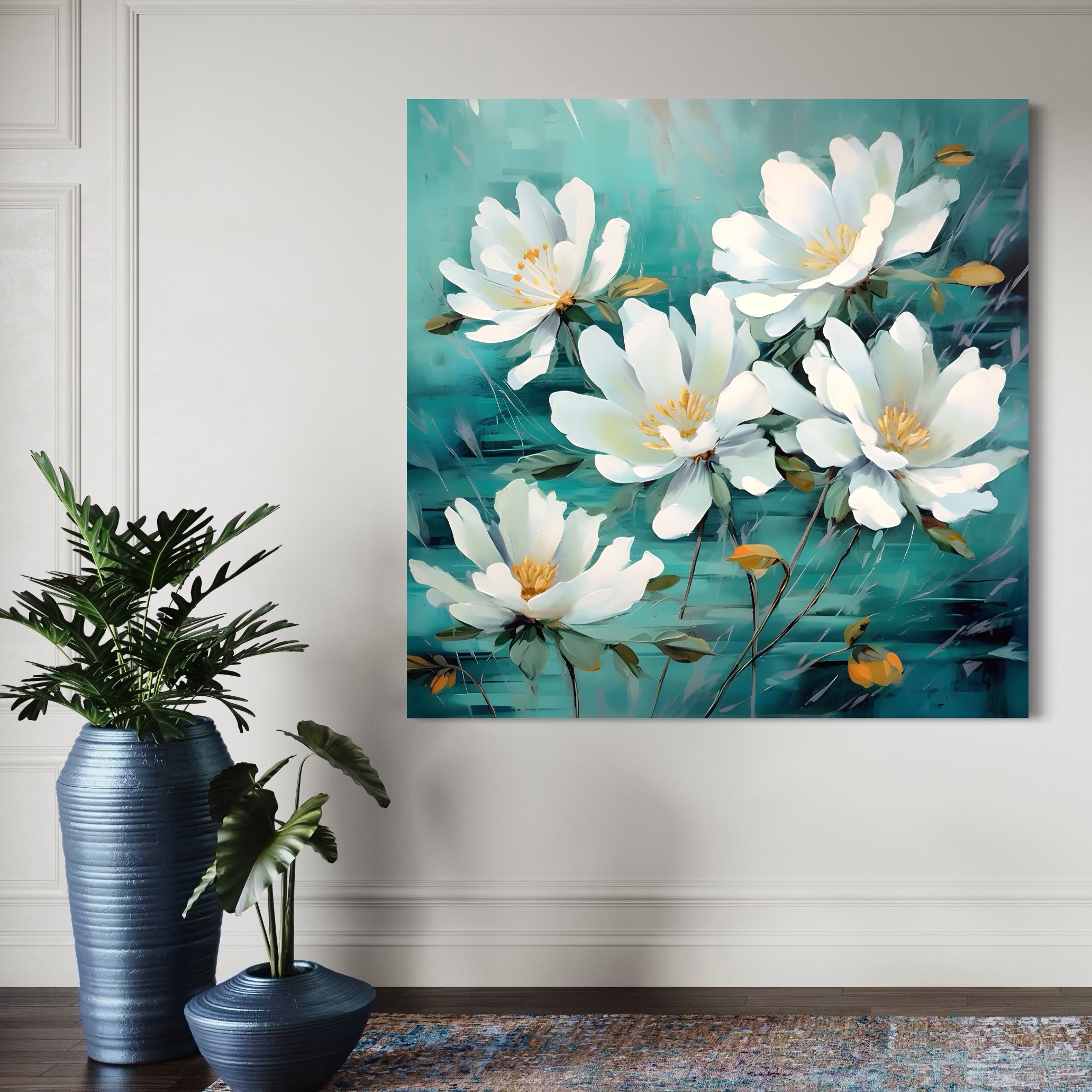 Tablou Canvas Premium LuxCanva® A1420, Dansul Florilor ,  Living, Flori Albe, Frunze, Natura, Dormitor, Decorativ, Culori Vibrante