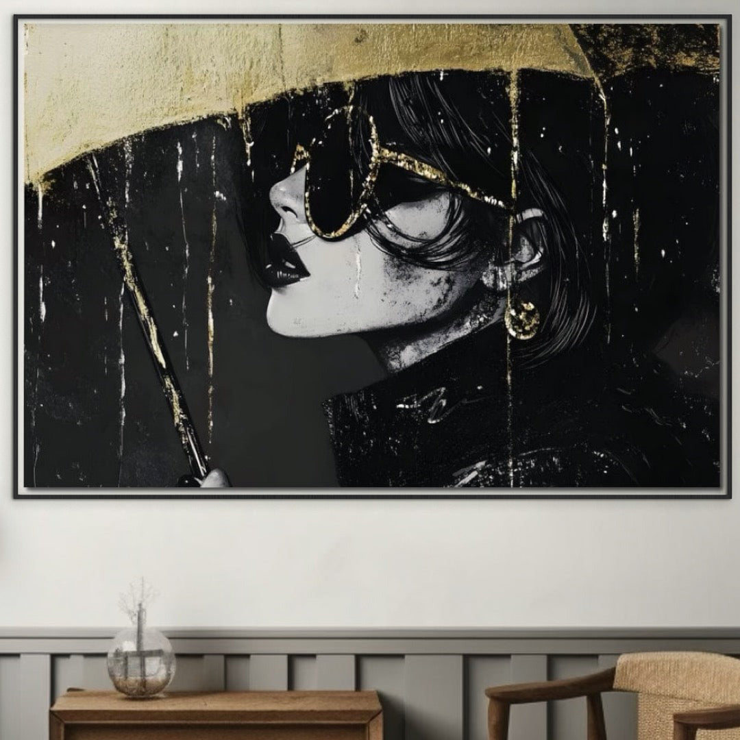 Tablou Canvas Premium, LuxCanva® G1112, Glamour In Ploaie, Picaturi, Umbrela, Gold, Ochelari, Stil, Rafinament, Cinematic, Artista, Living, Dormitor