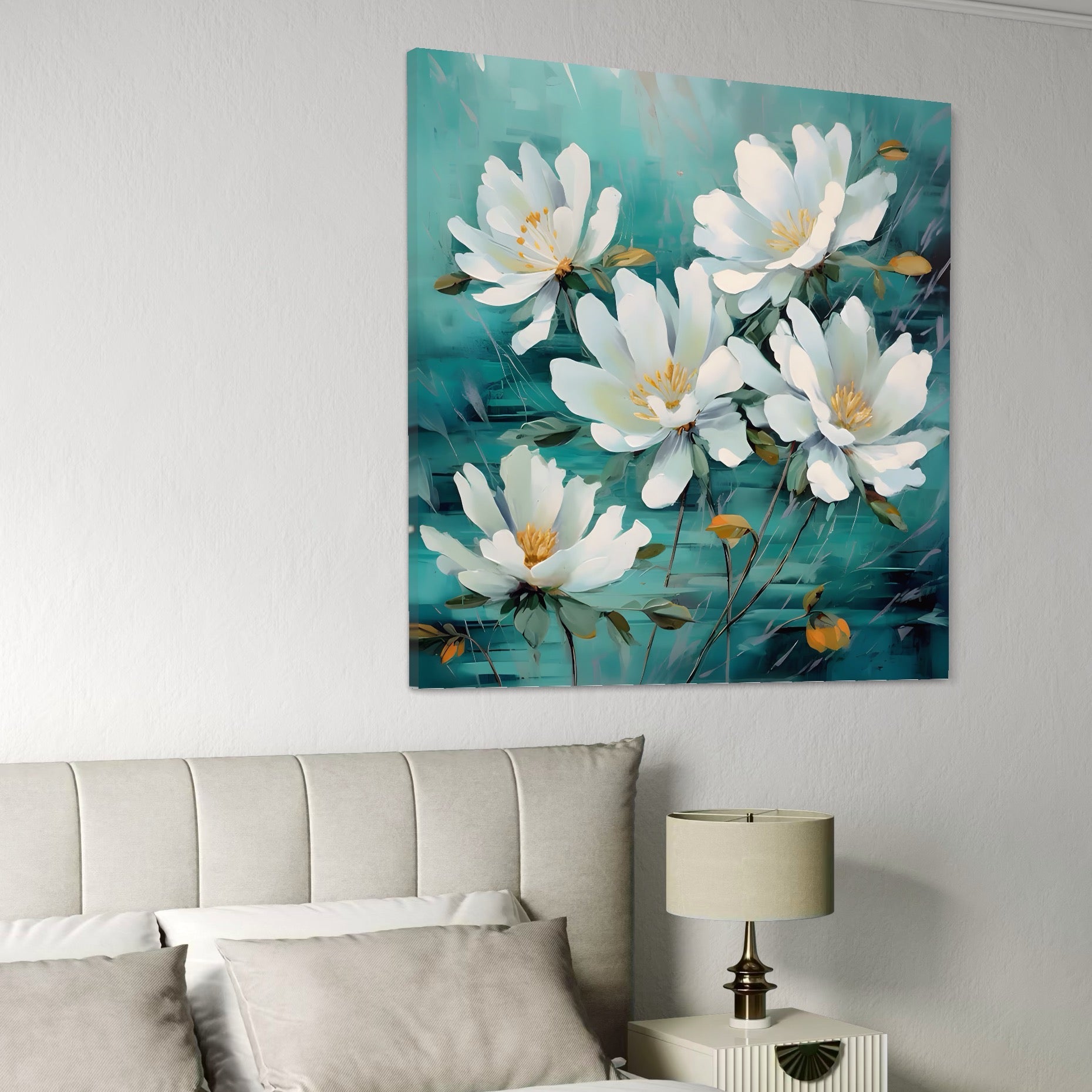 Tablou Canvas Premium LuxCanva® A1420, Dansul Florilor ,  Living, Flori Albe, Frunze, Natura, Dormitor, Decorativ, Culori Vibrante