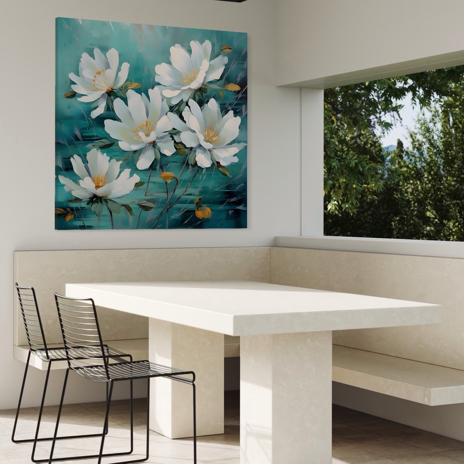 Tablou Canvas Premium LuxCanva® A1420, Dansul Florilor ,  Living, Flori Albe, Frunze, Natura, Dormitor, Decorativ, Culori Vibrante