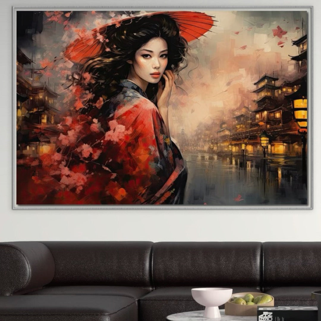 Tablou Canvas Premium, LuxCanva® G1116, Eleganta Japoneza, Gheisa, Vant, Ciresi, Nipona, Umbrela, Rosie, Kyoto, Asiatica, Living, Dormitor