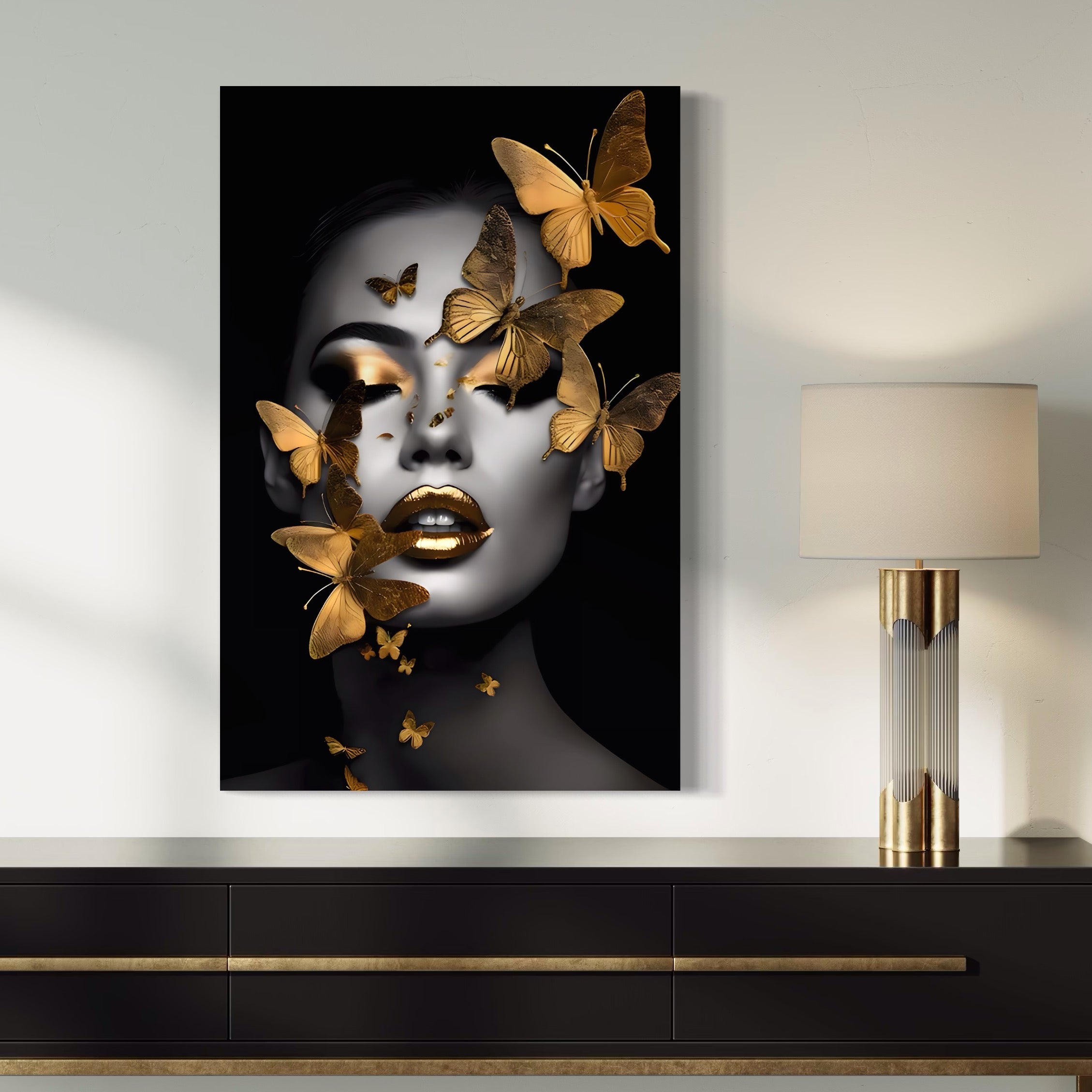 Tablou Canvas Premium LuxCanva® A1424, Butterfly Woman , Living, Frumusete, Femeie, Fluturi, Auriu, Decorativ, Culori Vibrante