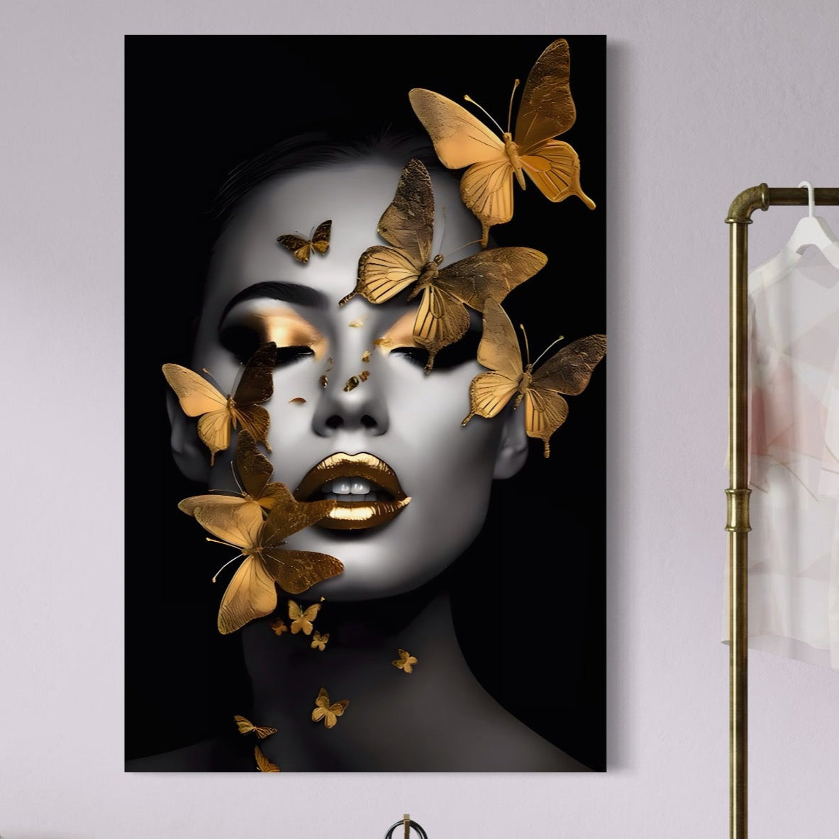 Tablou Canvas Premium LuxCanva® A1424, Butterfly Woman , Living, Frumusete, Femeie, Fluturi, Auriu, Decorativ, Culori Vibrante