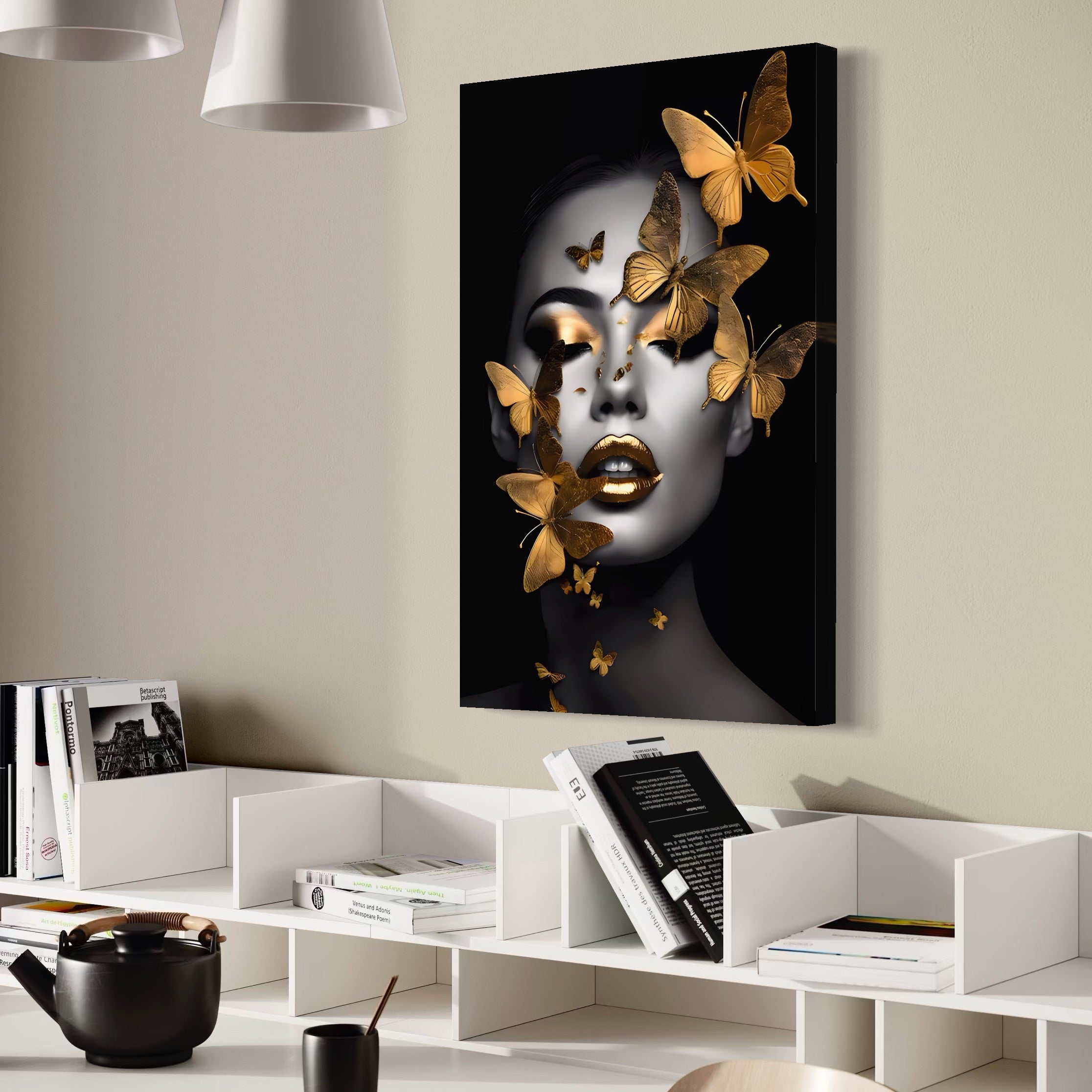 Tablou Canvas Premium LuxCanva® A1424, Butterfly Woman , Living, Frumusete, Femeie, Fluturi, Auriu, Decorativ, Culori Vibrante