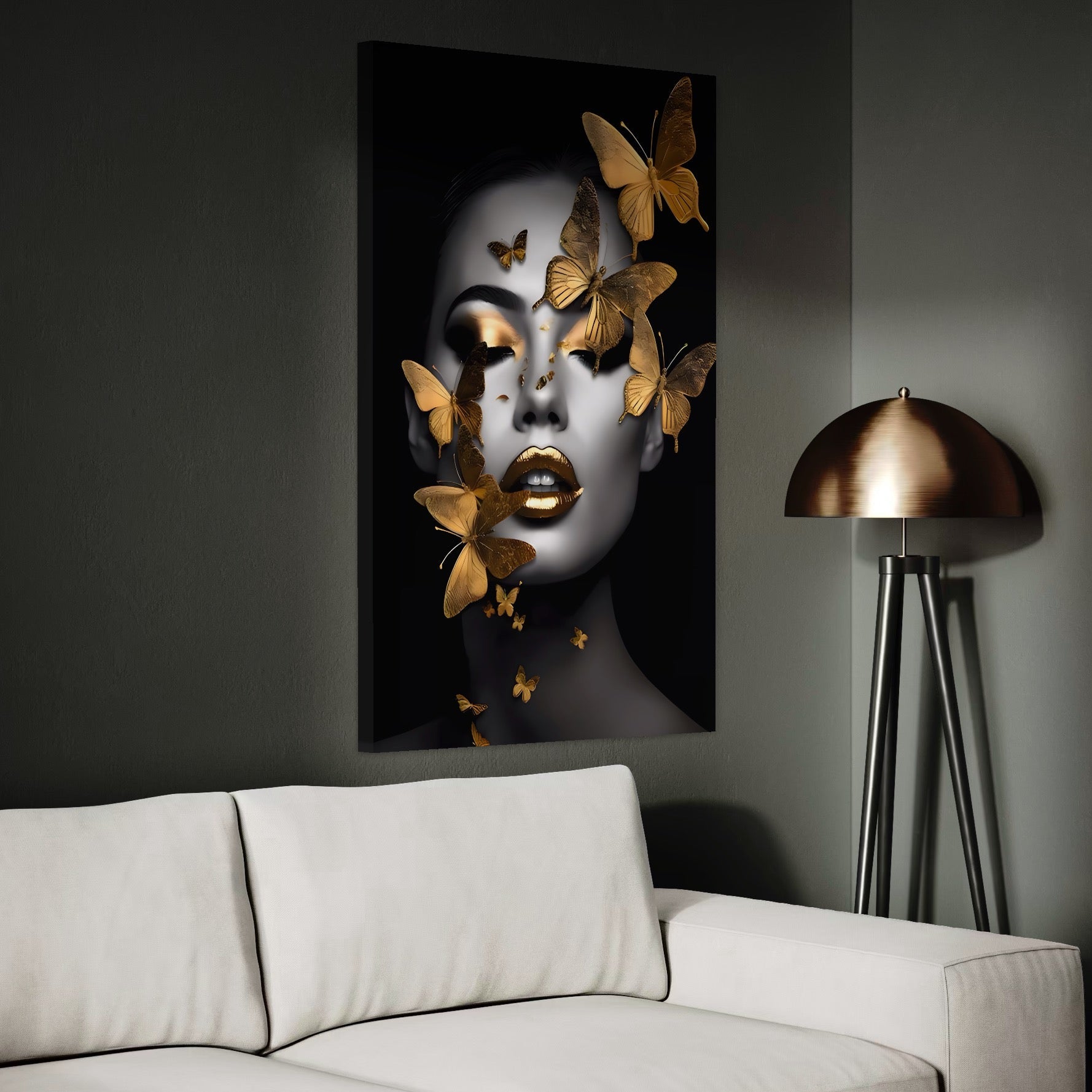 Tablou Canvas Premium LuxCanva® A1424, Butterfly Woman , Living, Frumusete, Femeie, Fluturi, Auriu, Decorativ, Culori Vibrante