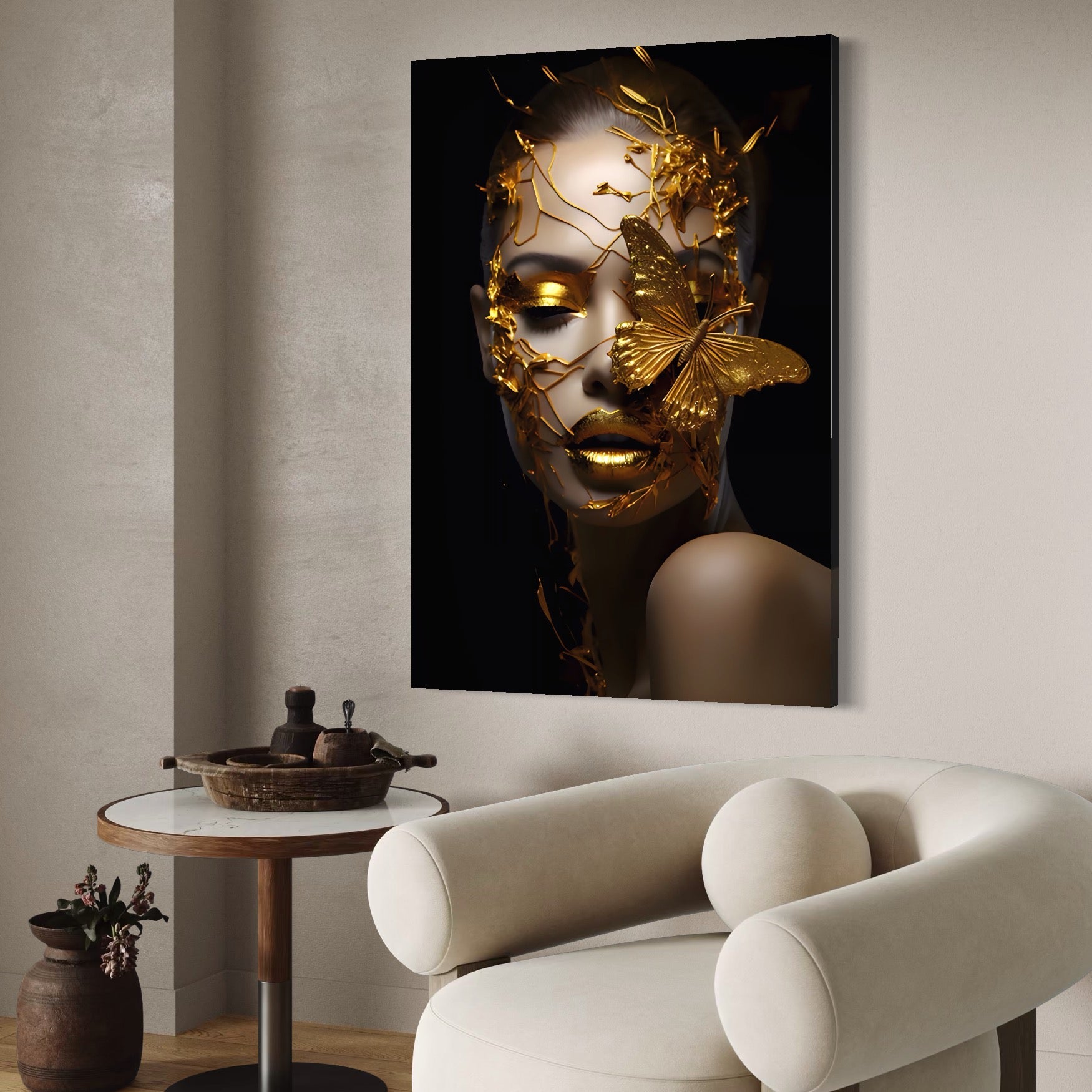 Tablou Canvas Premium LuxCanva® A1425, Gold Butterfly , Living, Frumusete, Femeie, Fluturi, Auriu, Decorativ, Culori Vibrante