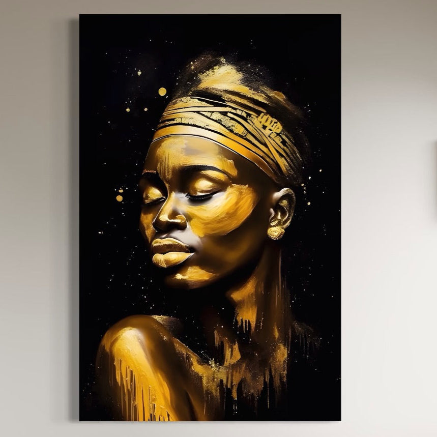 Tablou Canvas Premium LuxCanva® A1441, African Gold , Decorativ, Femeie, Picatura de Aur, Buze Aurii, Room, Culori Vibrante