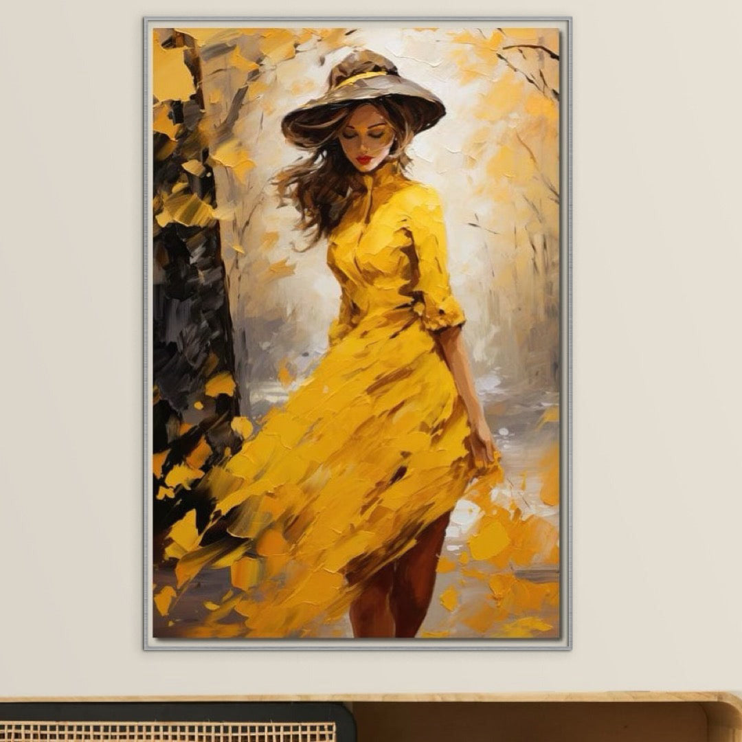 Tablou Canvas Premium, LuxCanva® G1121, Plimbare Prin Amintiri, Frunze, Galben, Toamna, Vant, Palarie, Vise, Eleganta, Natura, Romantism, Living, Dormitor