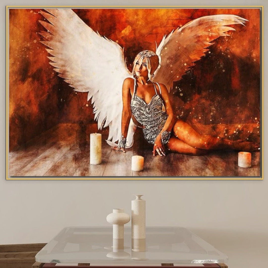 Tablou Canvas Premium, LuxCanva® G1122, Ingerul Seductiei, Inger, Aripi, Foc, Mister, Lumanari, Divin, Aura, Dramatic, Flacari, Gratie, Lumina, Living, Dormitor