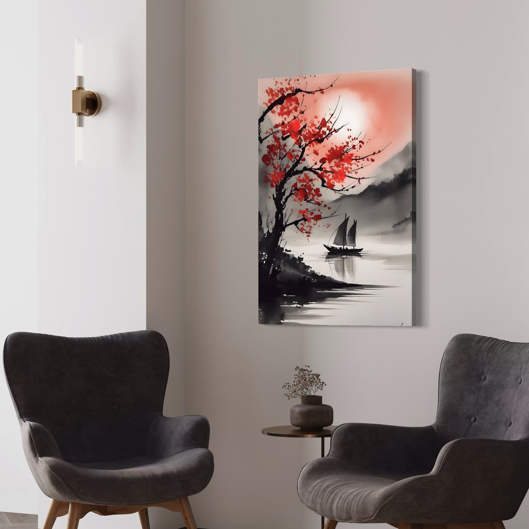 Tablou Canvas Premium LuxCanva® A1444, Plimbare Sub Clar De Luna , Living, Barca, Copac, Flori Rosii, Decorativ, Dormitor, Culori Vibrante