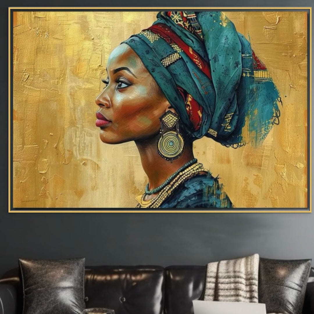 Tablou Canvas Premium, LuxCanva® G1126, Regina din Nisipuri, African, Regal, Turban, Traditie, Cultura, Identitate, Gold, Etnic, Mostenire, Living, Dormitor