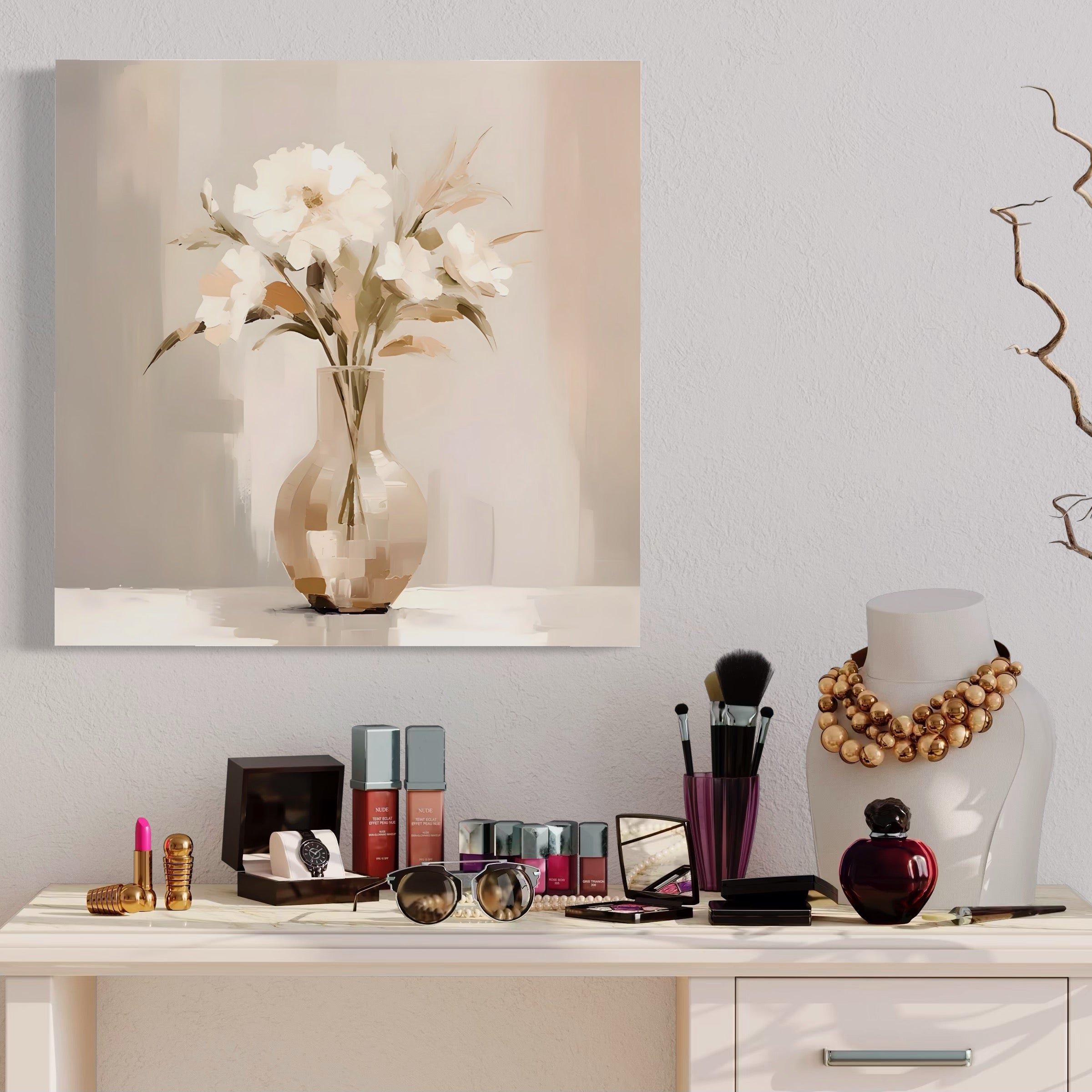 Tablou Canvas Premium LuxCanva® A1443, Calmul Florilor , Living, Alb, Vaza, Natura, Planta, Decorativ, Culori Vibrante