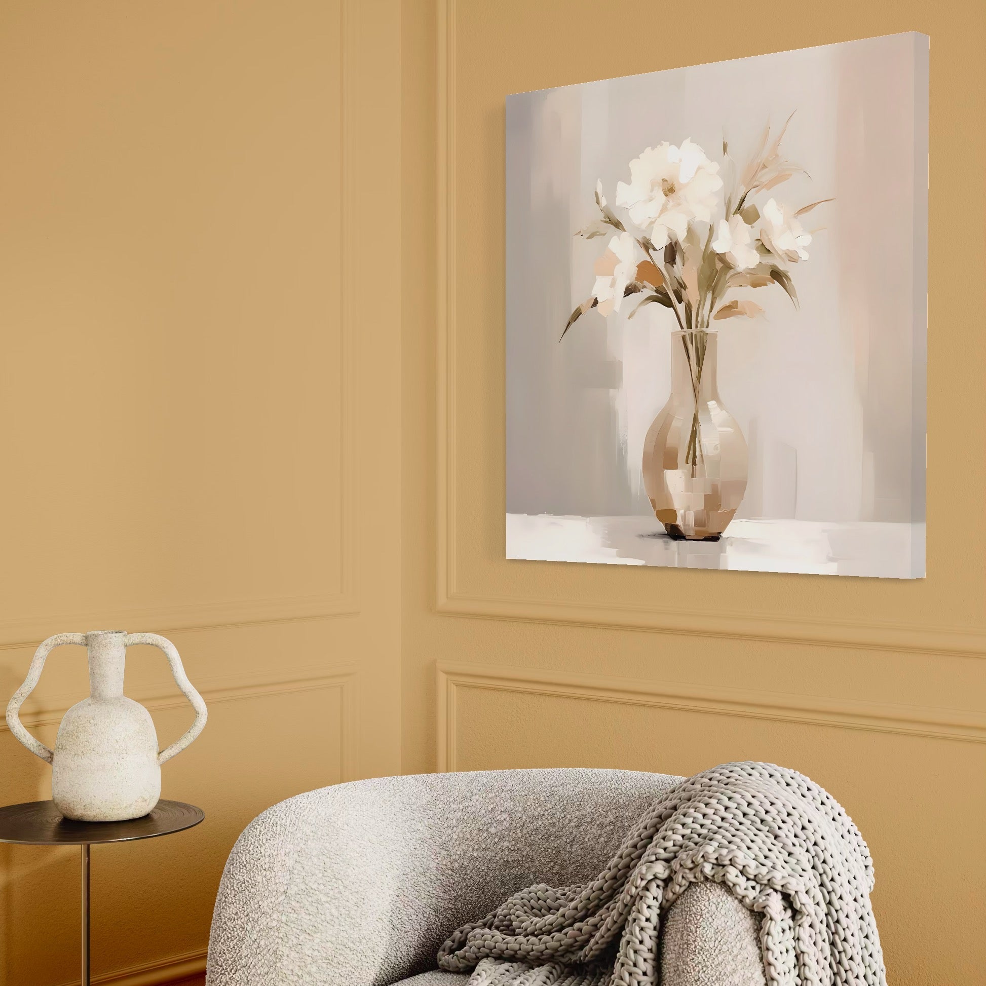 Tablou Canvas Premium LuxCanva® A1443, Calmul Florilor , Living, Alb, Vaza, Natura, Planta, Decorativ, Culori Vibrante