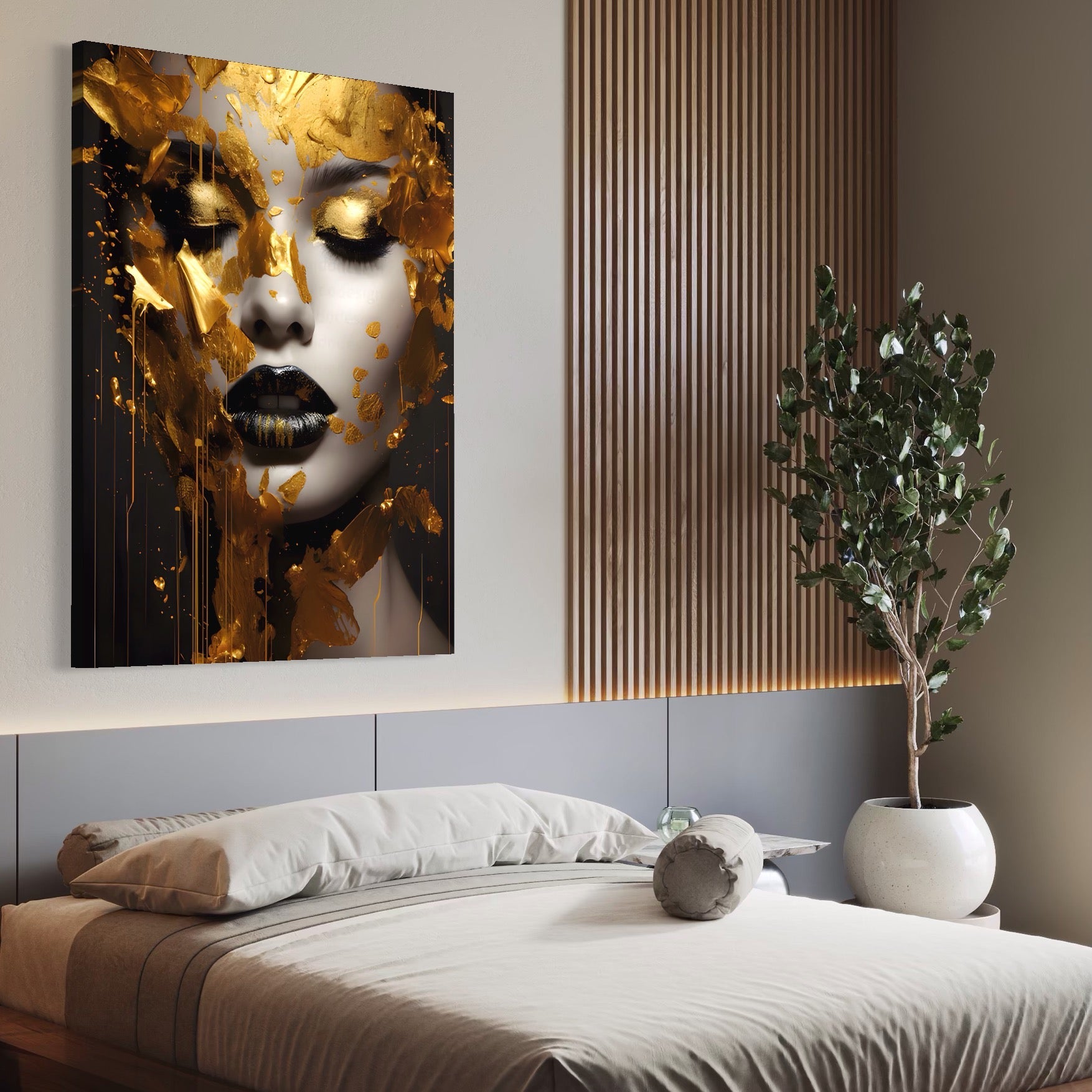 Tablou Canvas Premium LuxCanva® A1450, Privire Aurie , Decorativ, Living, Femeie, Gold, Foita De Aur, Culori Vibrante